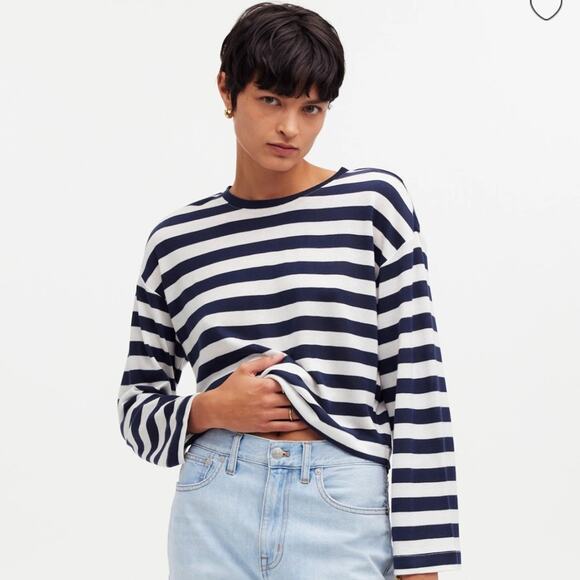 Madewell Drop Shoulder Cropped Pullover Tee Stripe Size medium - Picture 1 of 4